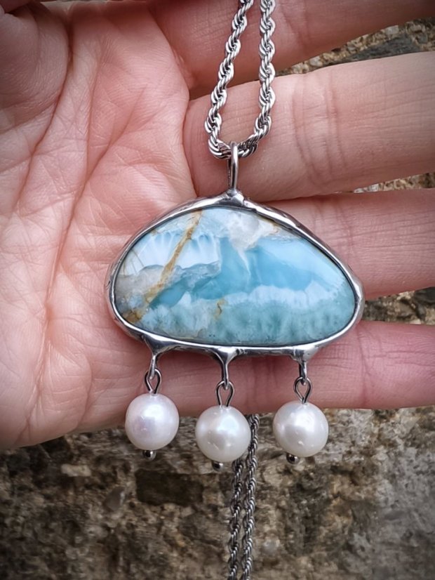 Autorský cínovaný náhrdelník - Larimar a perly S0606