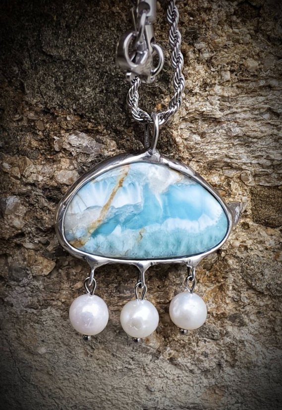 Autorský cínovaný náhrdelník - Larimar a perly S0606