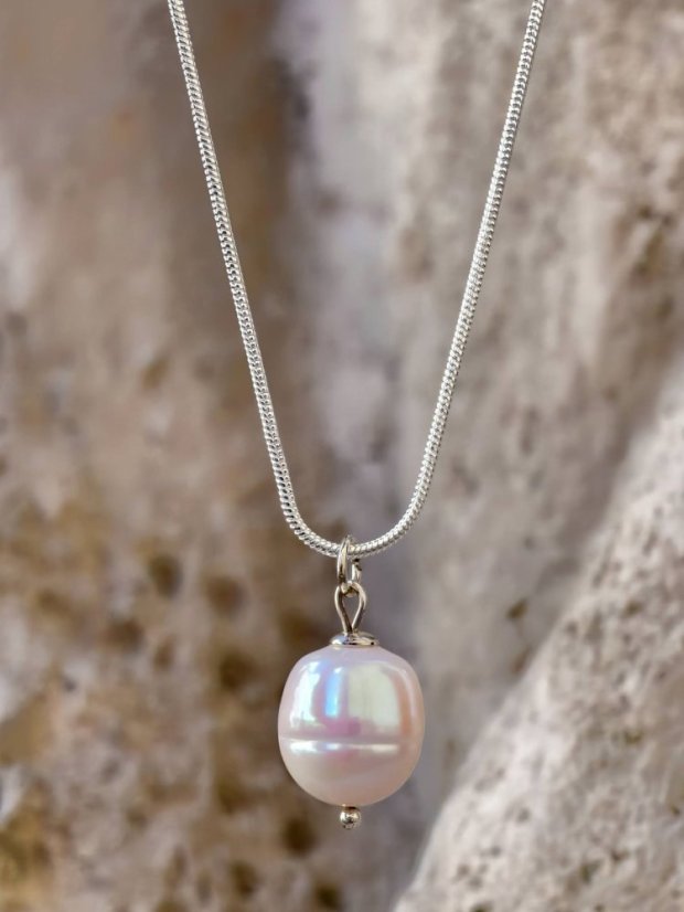 Náhrdelník perlový - Perla ve stříbře 13 x 10 mm S0809