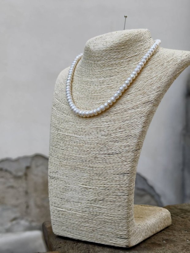 Náhrdelník perlový - Říční perla bílá 8 x 5 mm S0821