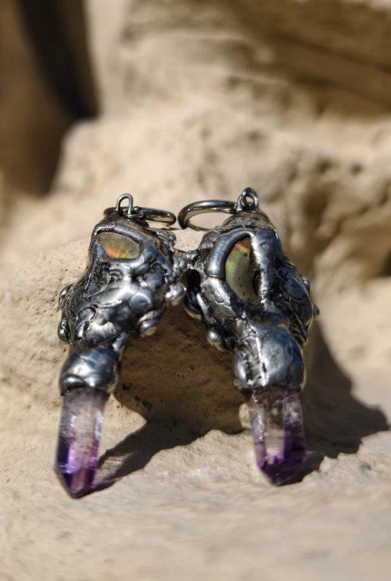 Autorské cínované náušnice - Šnek s Amatystem S0703