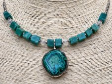 Autorský cínový náhrdelník - Malachit, Amazonit, Krištáľ S0888