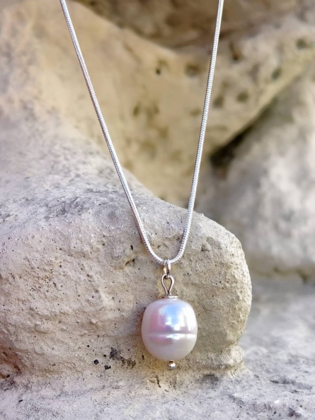 Náhrdelník perlový - Perla ve stříbře 13 x 10 mm S0809