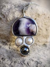 Autorský cínovaný náhrdelník - Ametyst, Perla, Hematit S0701