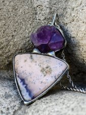 Autorský cínový náhrdelník - Opál a Ametyst S0941