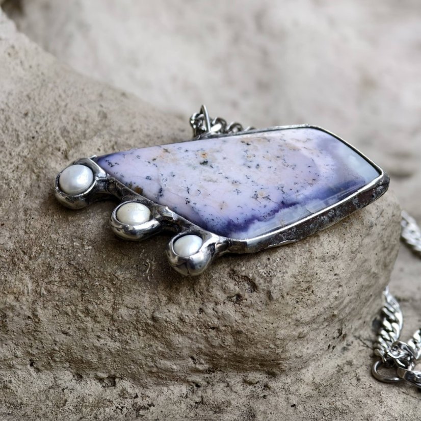 Autorský cínovaný náhrdelník - Dendritický opál Purple S0890