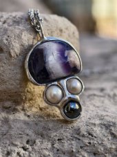 Autorský cínovaný náhrdelník - Ametyst, Perla, Hematit S0701