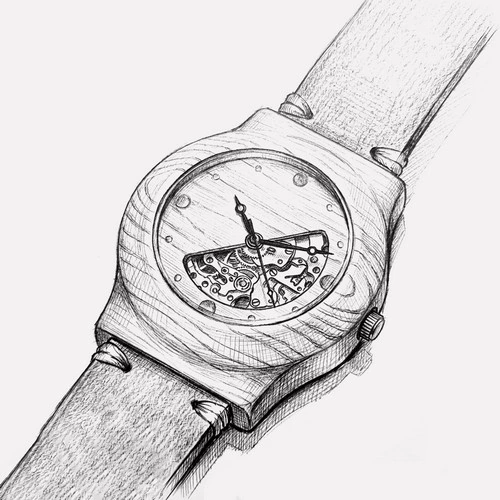 Skica českých dřevěných hodinek Ideál Automat – ruční výroba Katyba