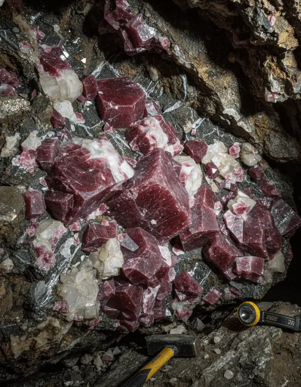 Rodochrozit na nálezisku – pruhovaný ružový minerál s charakteristickými vrstvami