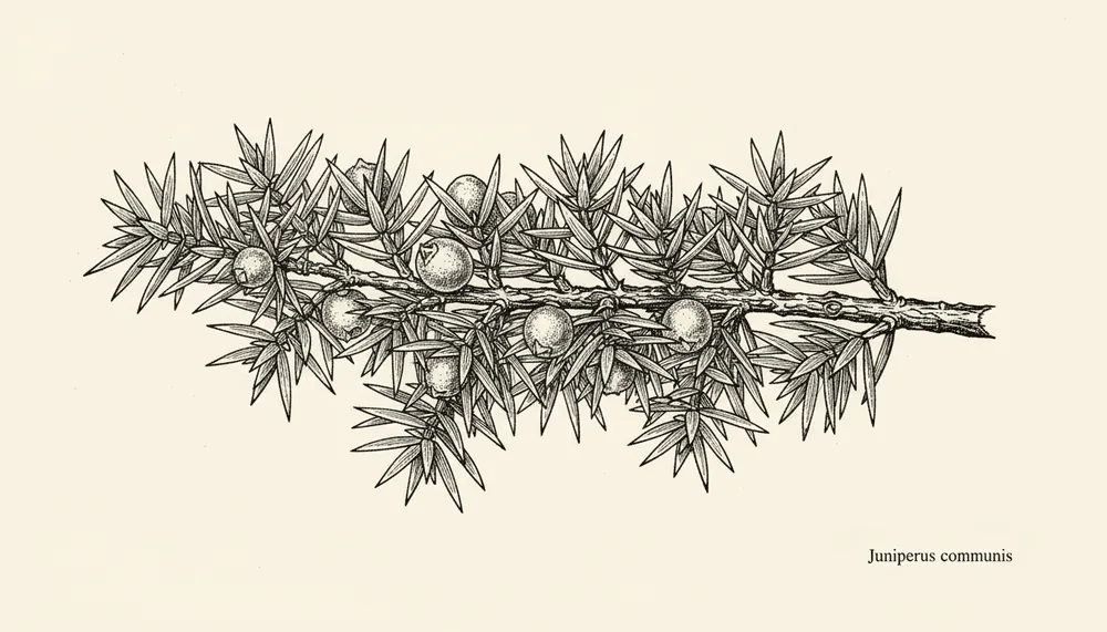 Větve jalovce obecného – Juniperus communis s charakteristickými jehlicemi a modrými bobulemi